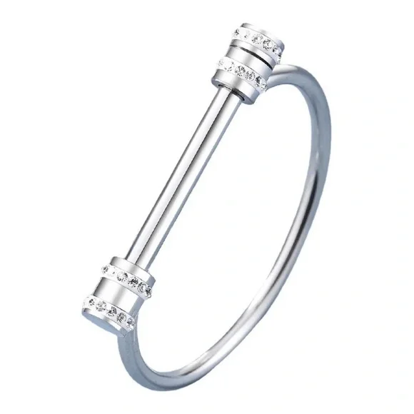 18K White Gold (Rhodium) Unisex Shackle With Diamond Accent Cuff Bangle Bracelet - Picture 2 of 6